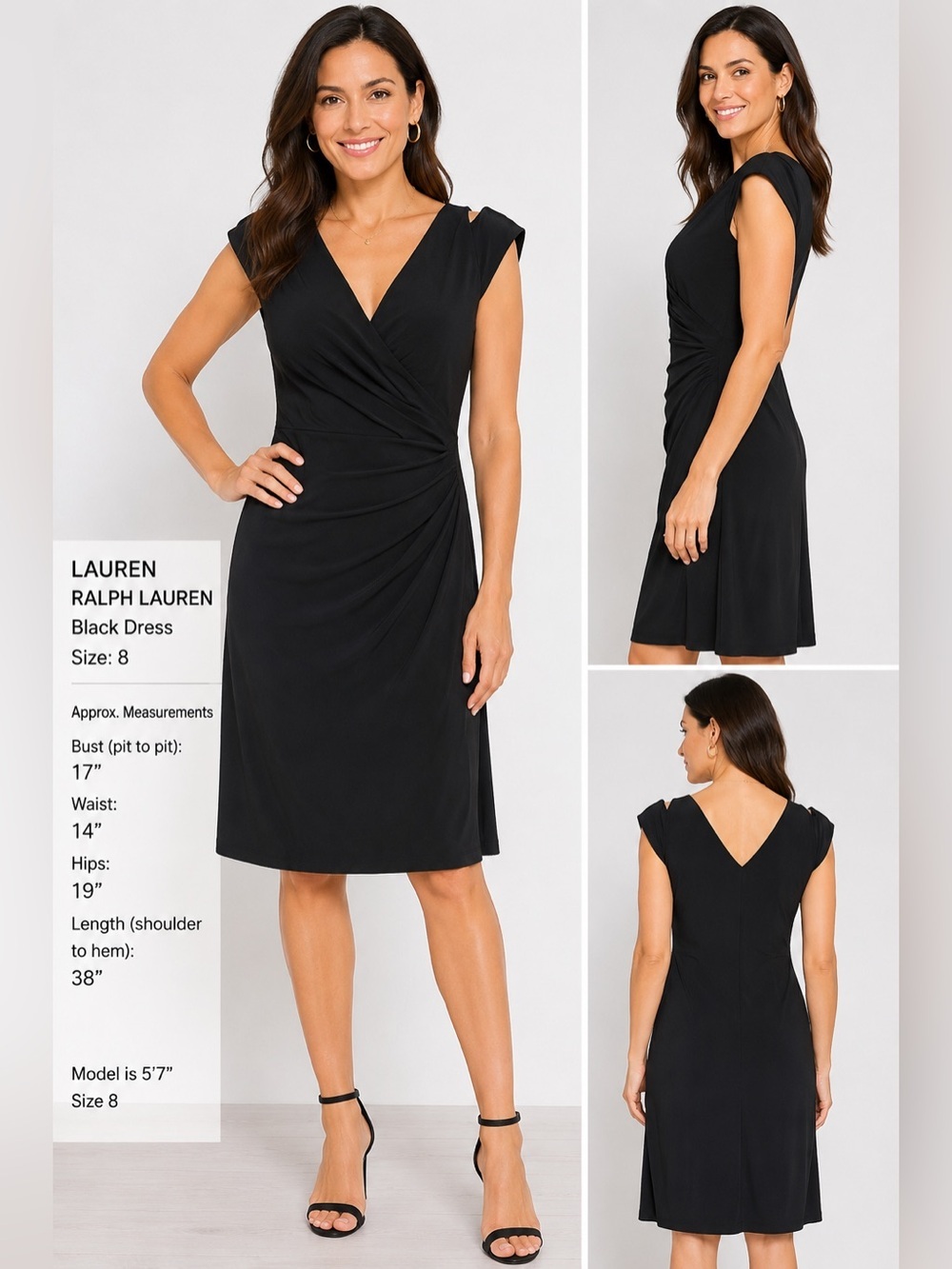 NWT Lauren Ralph Lauren Black Ruched Faux Wrap Sheath Dress SZ 8 Career Cocktail